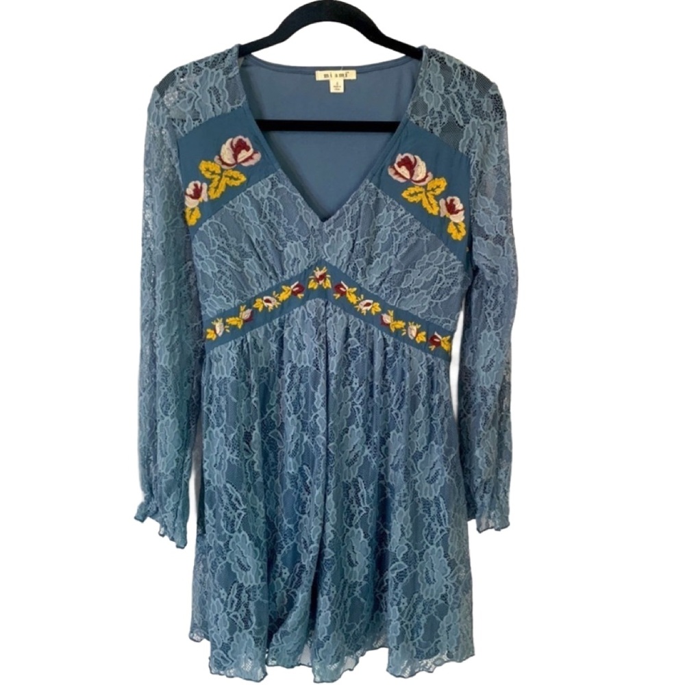 Miami Blue Lace Floral Embroidered V-Neck Long Sleeve Dress, size S - Picture 2 of 11